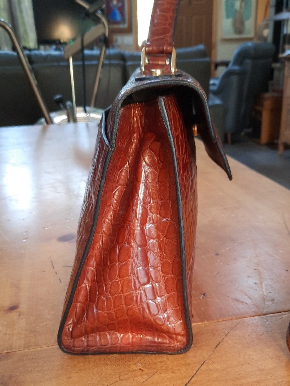 Bally Brown Croc-Embossed Leather Top-Handle Satchel with 'B' Accent - Picture 5 of 14